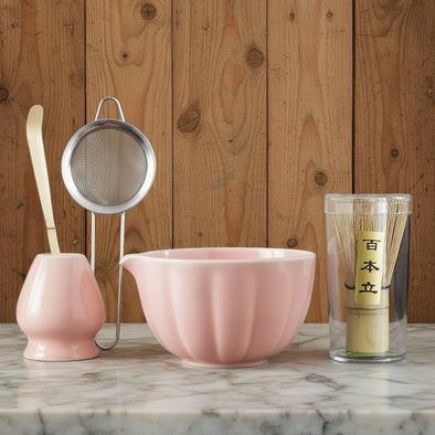 Pink Ribbed Ceramic Matcha Set