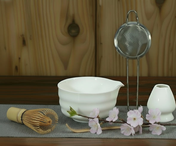 White Ceramic Matcha Bowl and Bamboo Whisk Set
